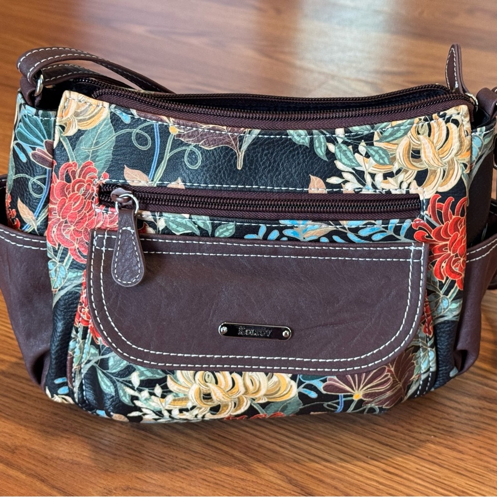 Brown Shoulder Bag with Floral Pattern and Leather Trim